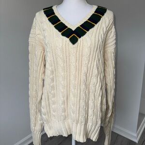 Polo Ralph‎ Lauren Cable Knit Cricket Sweater Cream Green Yellow Trim Varsity L
